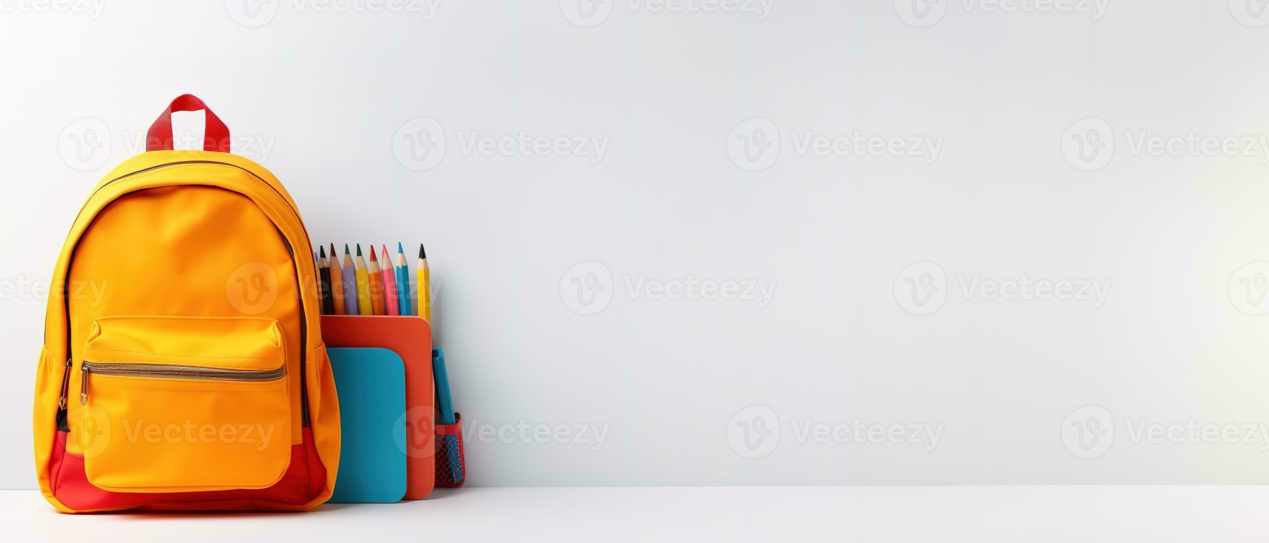 backpack with bright school stationery on isolate background banner design back to school concept photo